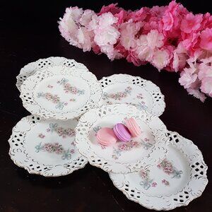 Vintage Porcelain Dessert Plates Hand-Painted Pink Floral with Blue Ribbon 6pc